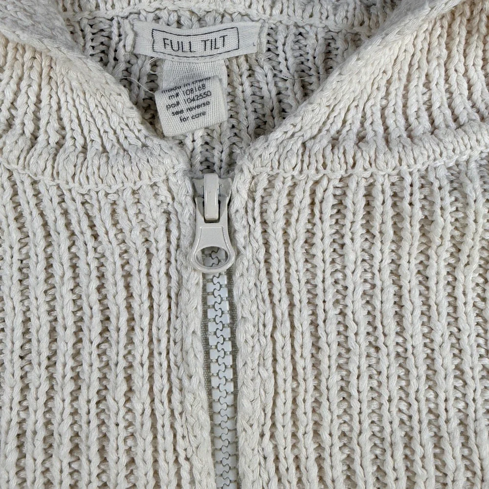 Full Tilt Cropped Knit Hoodie Sweater Womens M Ivory Zip Up Distressed Hem Y2K - Picture 5 of 11